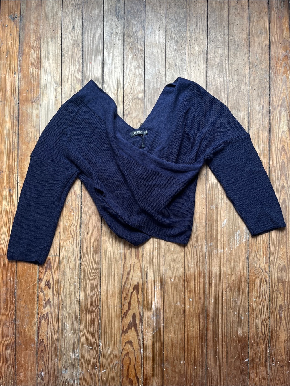 Boohoo Navy Off-Shoulder Wrap Sweater